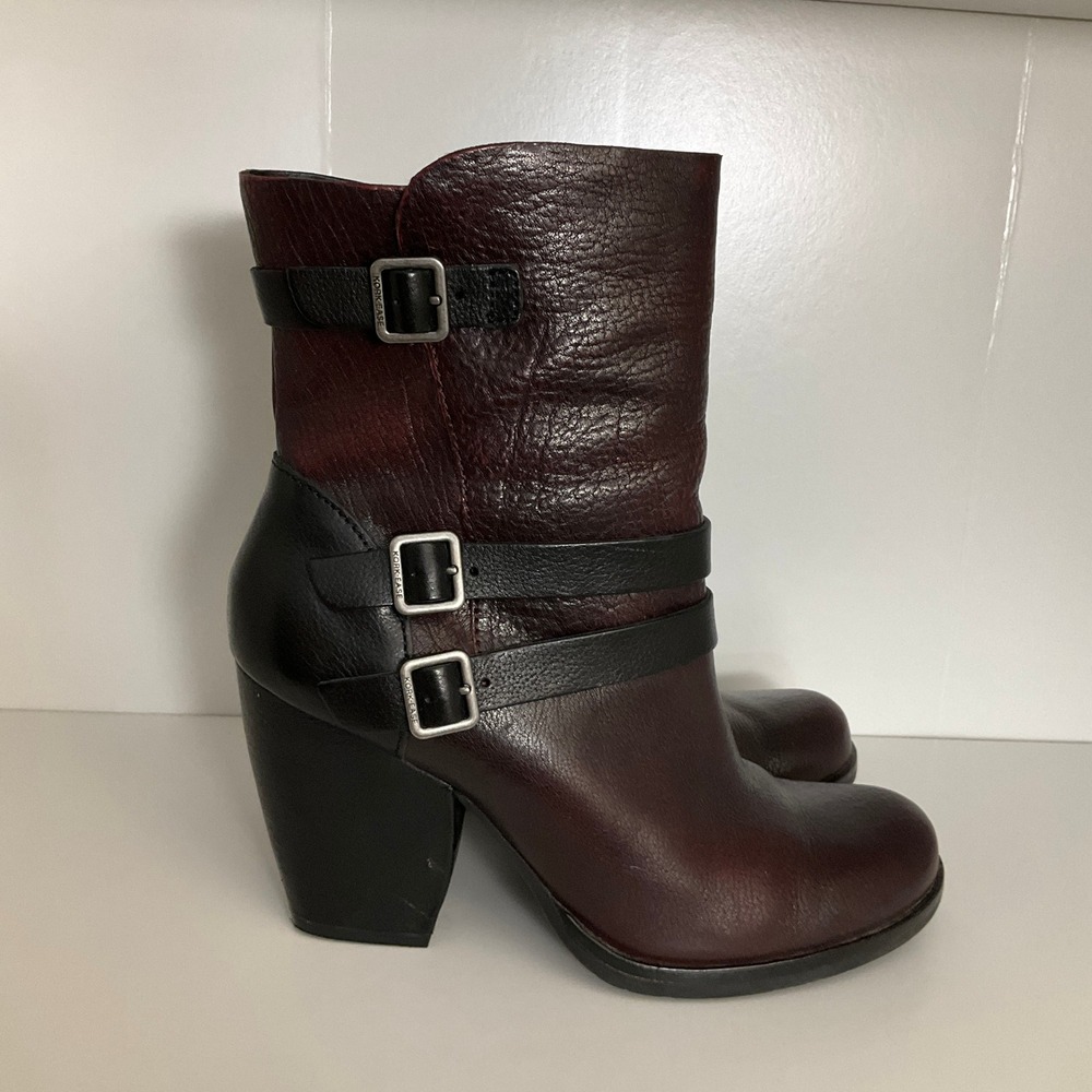 Kork-Ease Ankle Boots Women 9 Burgundy Black Leather Triple Buckle Moto Heel